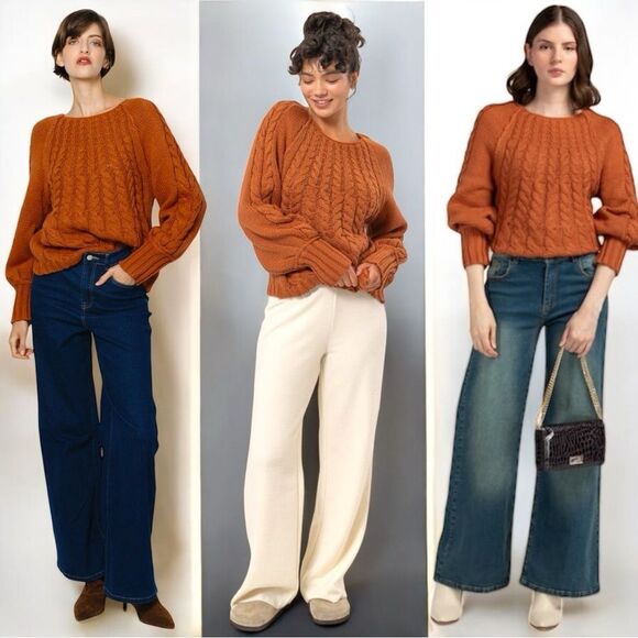 Rust Cable-Knit Round Neck Raglan Sleeve Sweater Large NEW - HYFVE - Picture 4 of 14